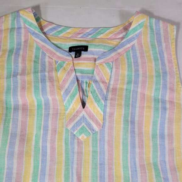 Talbots Women Pastel Multi-Color Striped Linen Sleeveless Tunic Top Size M - Picture 2 of 7